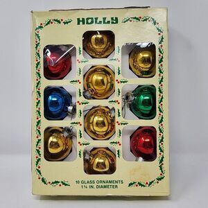 VINTAGE Holly‎ Glass Ornaments Set of 10,  1/3/4  Diameter Blue Red Gold Green